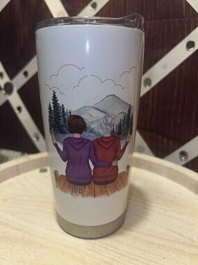 White Travel Tumbler with Illustrated Couple and Mountain Scene